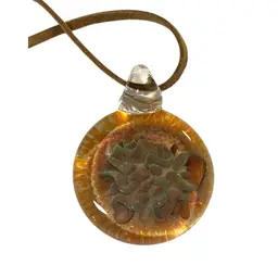 Boho Art Glass Pendant Necklace Suede Cord & Abstract Floral Design Womens