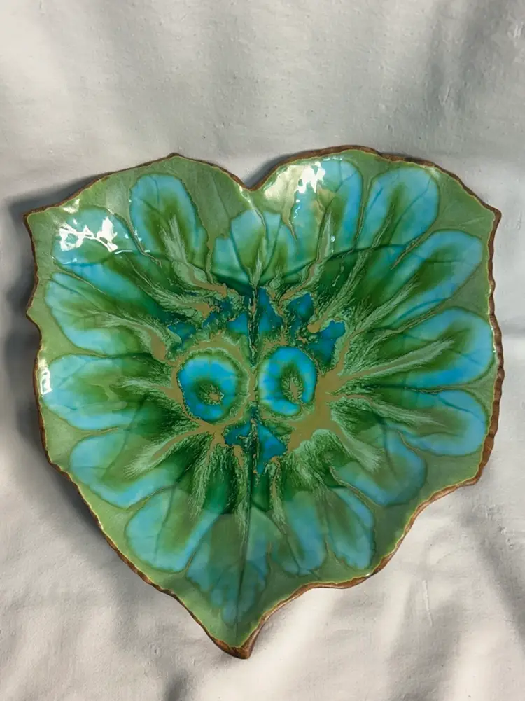 Vintage 1960s Treasure Craft Ceramic Emerald Green / Turquoise Blue Leaf serving tray