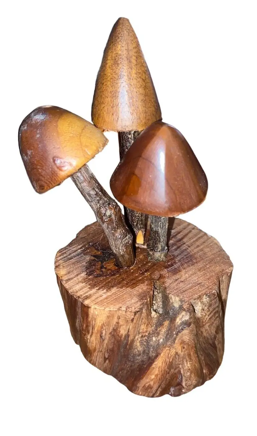 Carved Wood Mushroom Trio Sculpture 3.75” High Signed