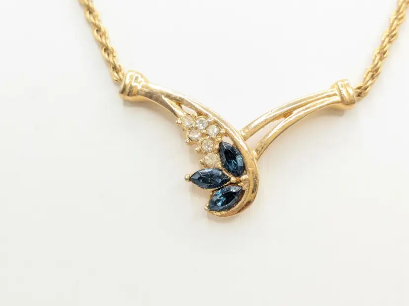 Vintage Roman Necklace Faux Sapphire and Rhinestones Gold Tone