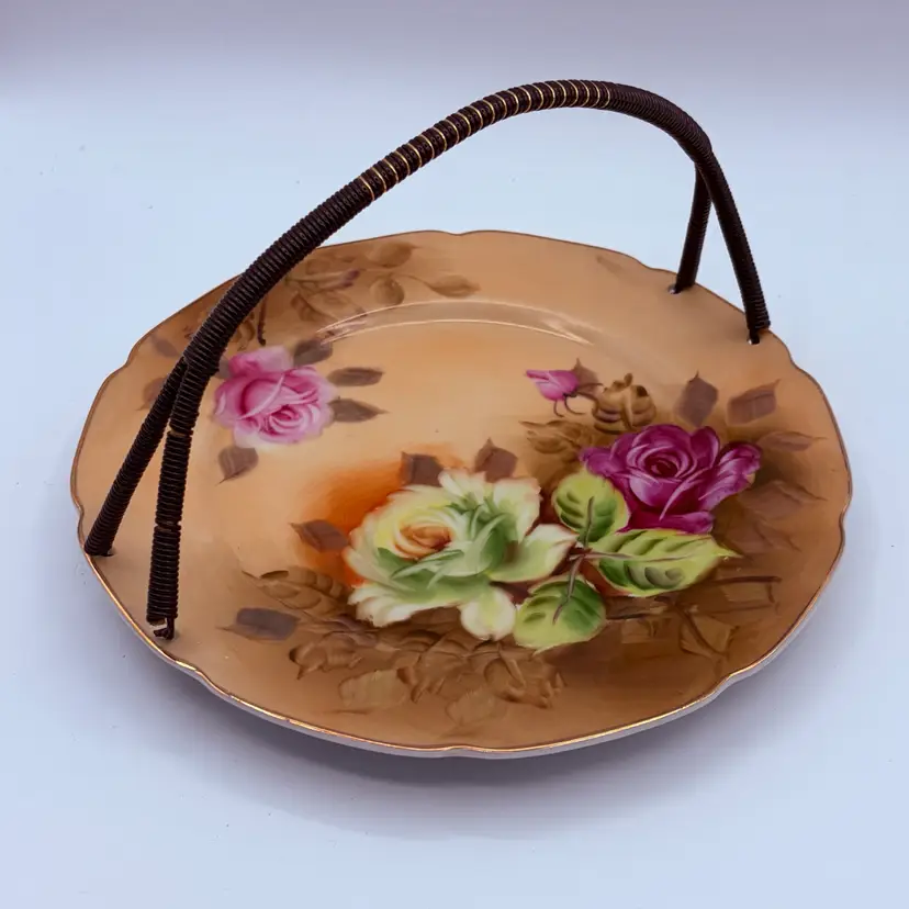 Lefton Decorative Hand Painted Dish with Roses, With Removable Handle