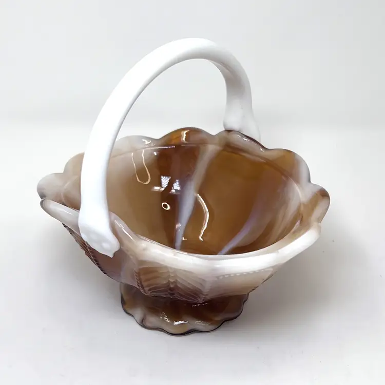 Imperial Glass Caramel Slag Basket 5" Chevron Herringbone Milk Glass Handle 1960s (0114-24)