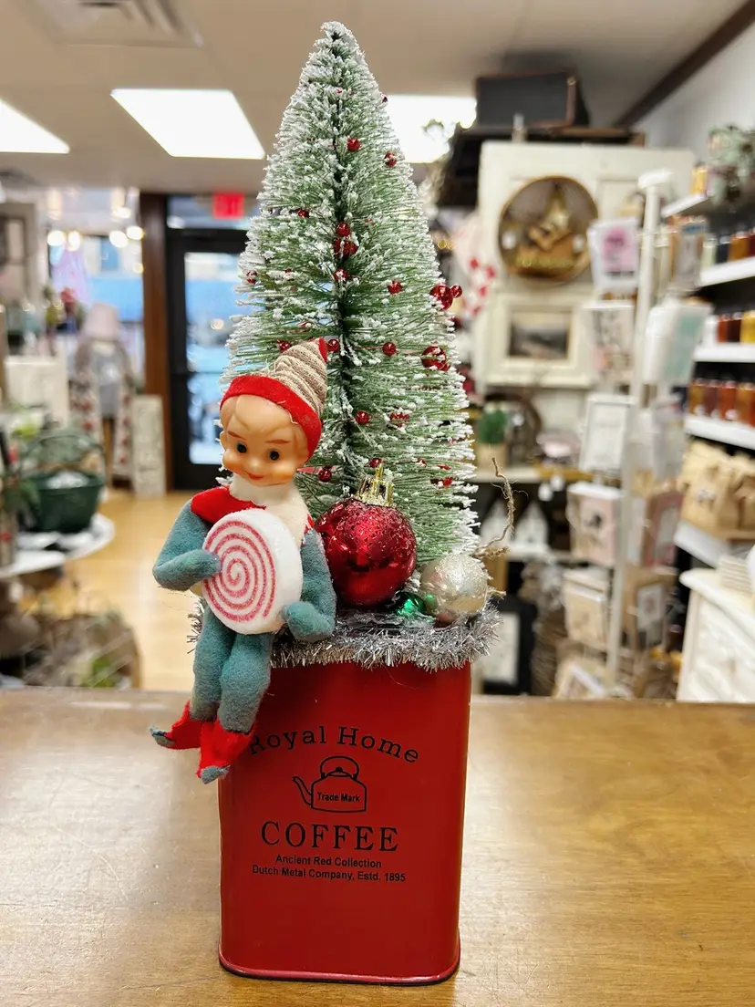 Christmas Pixie Assemblage Elf Bottlebrush Tree coffee Tin Red Green Decoration Handmade Vintage