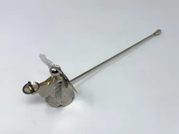 Polished Silver Angel Candle Snuffer – 1990s Handcrafted Metal, Etched Wing Accent, Long Handle