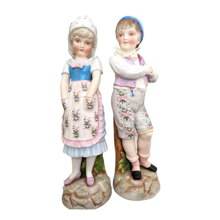 2 Antique German Muller Porcelain Figurines Couple 18 " Large Boy and Girl