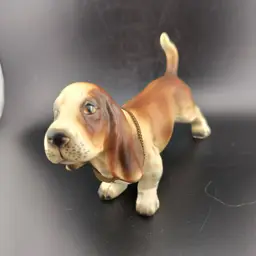 Vintage Bassett Hound Dog Figurine with Chain Collar Unmarked