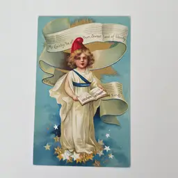Vintage Angel Child Singing American Flag Patriotic Post Card