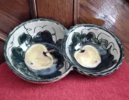 Mexican Pottery Condiment Double Bowl Signed by Mendez