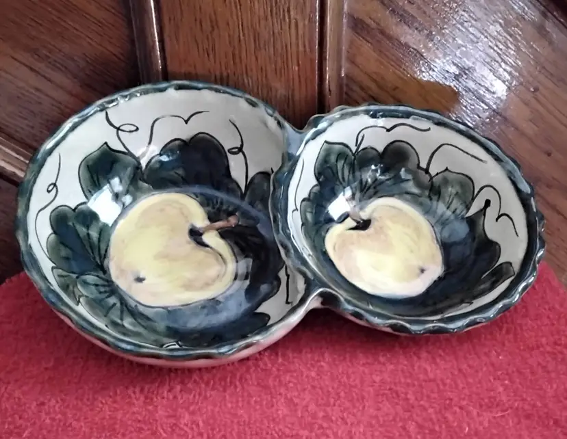 Mexican Pottery Condiment Double Bowl Signed by Mendez