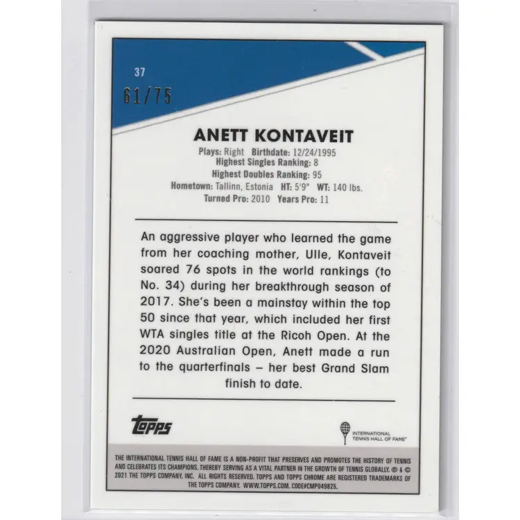 Anett Kontaveit Green Refractor #'d /75 Topps Chrome Tennis Card 2021