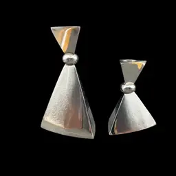 #241B Vintage Graduated Pair Of Triangular/Pyramid Shaped Polished Chrome Candleholders Sleek MCM Style. 4” And 6”