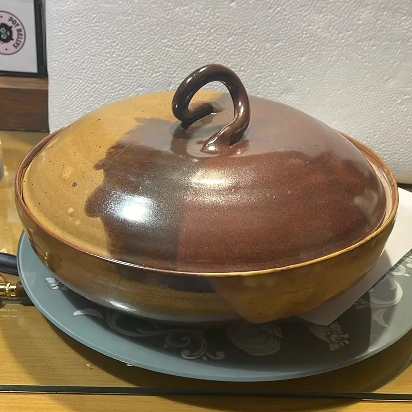 Pottery Covered Casserole Signed  10.25” x5”