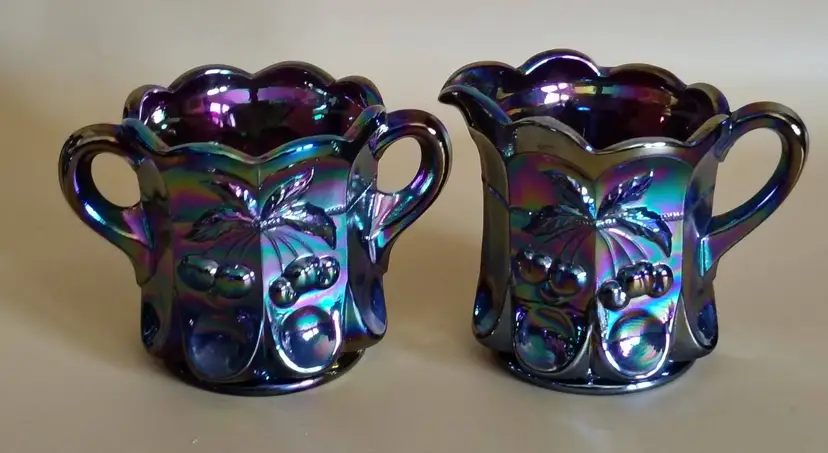 MOSSER, CHILD SIZE / MINIATURE Cherry Thumbprint Purple Amethyst Carnival Glass Creamer & Open Sugar Set