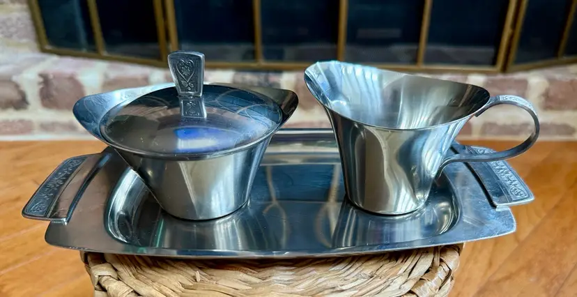 Vintage Mid-Century Modern 18/8 Stainless Steel Sugar, Creamer, and Tray Set
