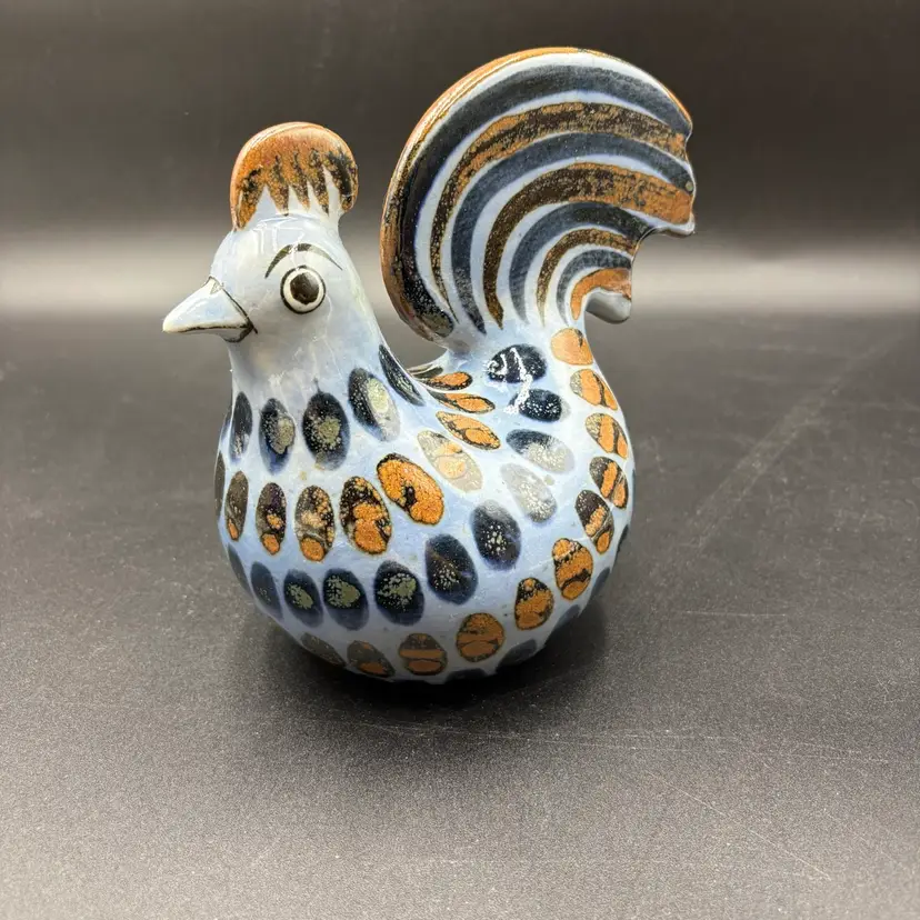 El Palomar Tonala Mexican Pottery, Blue Rooster Chicken Figurine 6”