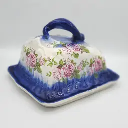 Vintage Flow Blue Ceramic Butter Dish with Lid, Blue and White with Pink Roses