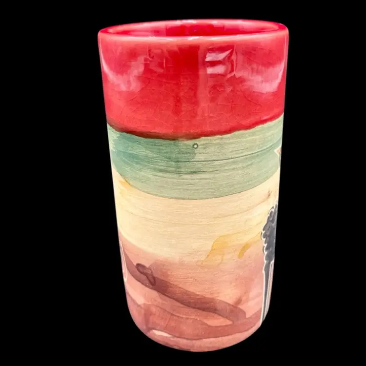 Hand-Painted Tall Cup with Watercolors, Etched Bird on Sheep, Uruguay