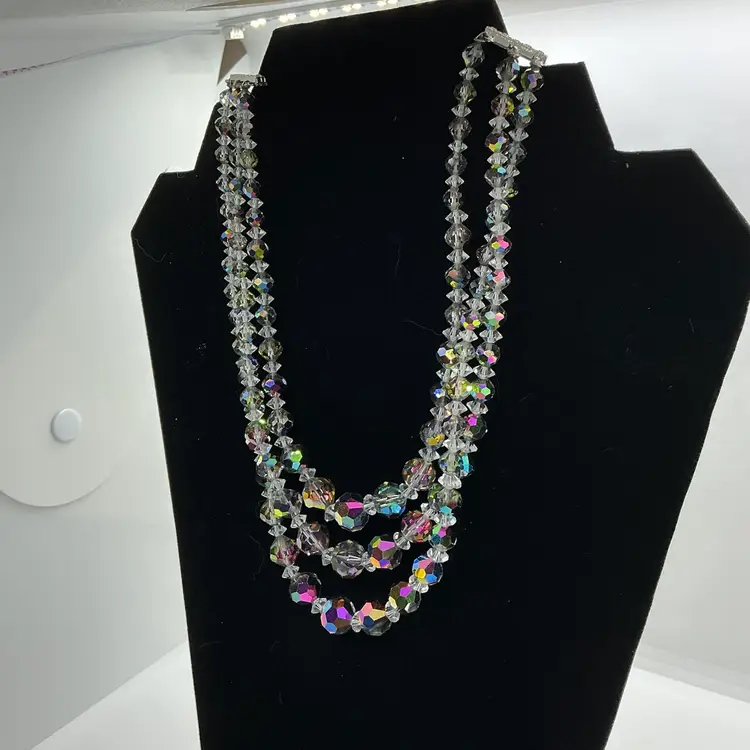Vintage Laguna 3 Strand Sparkly Crystal Aurora Borealis Necklace Marked