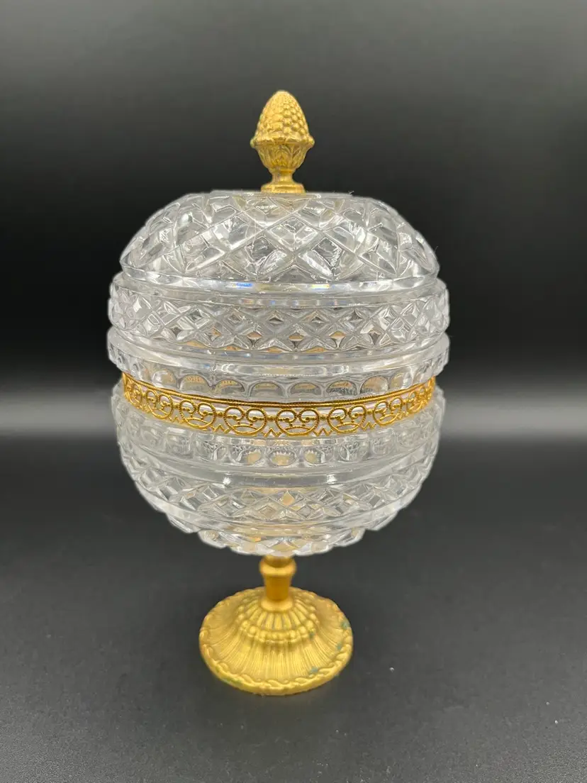 Stunning Crystal Cut Glass And Gold Metal Lidded Pedestal Candy Dish 8” 🍬