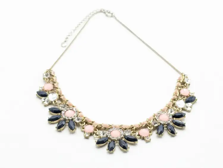 Liz Claiborne Pink Navy Blue Rhinestone Statement Necklace Silver Tone