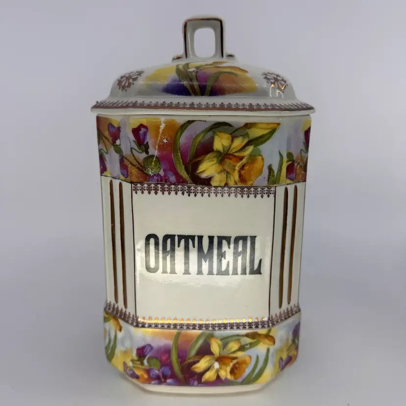 Antique Hand Painted Czech Kitchen Canister OATMEAL