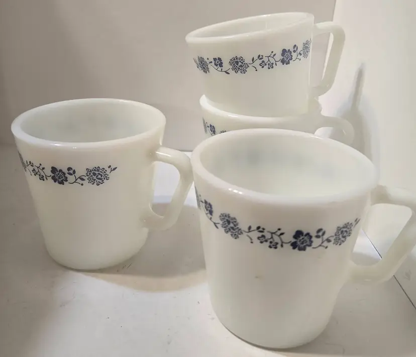 Set of 4 Vintage FIRE KING White Milk Glass Mugs - Blue Floral Pattern Coffee Cups