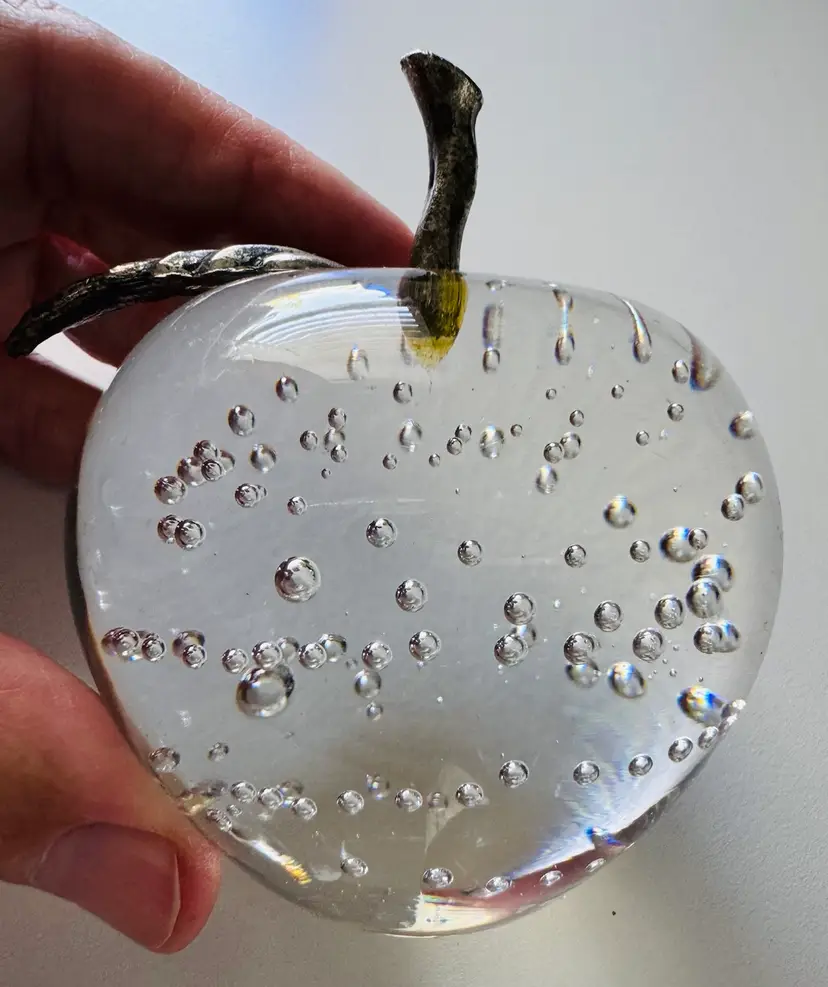Clear Bubble Apple Shaped Paperweight With Pewter Stem & Leaf