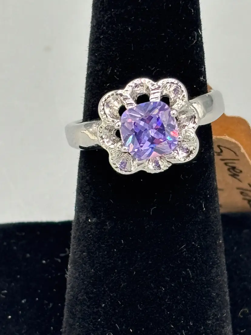 Silver tone Lilac stone ring