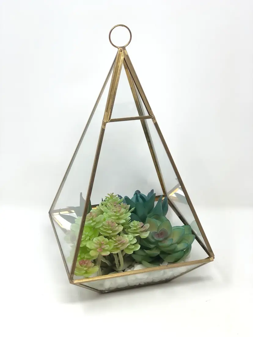 Brass and Glass Geometric Terrarium with Faux Plants and Rocks