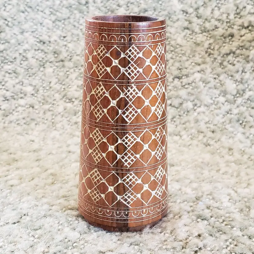 African Cup Rustic Hand Carved Hard Wood Bamboo mat style 5"T Unbranded Vintage