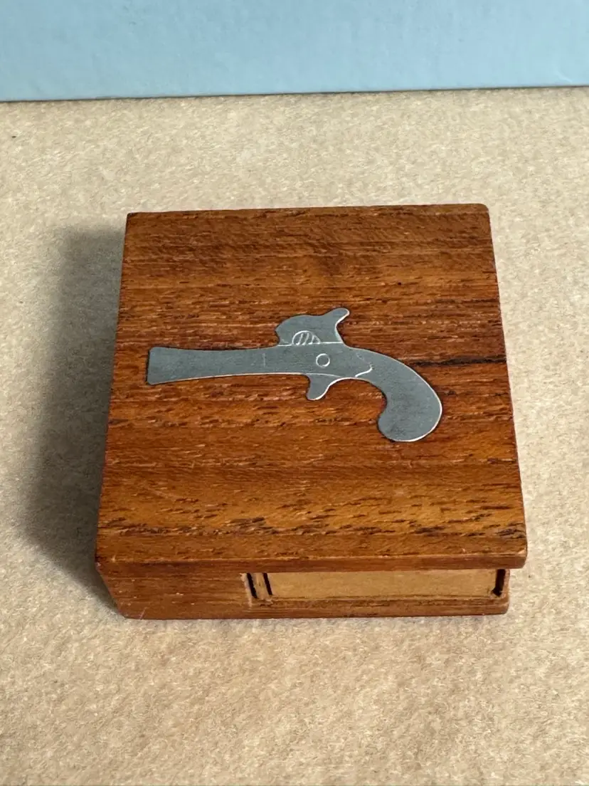 Vintage DANSK teak matchbox holder with pistol inlay and original matches