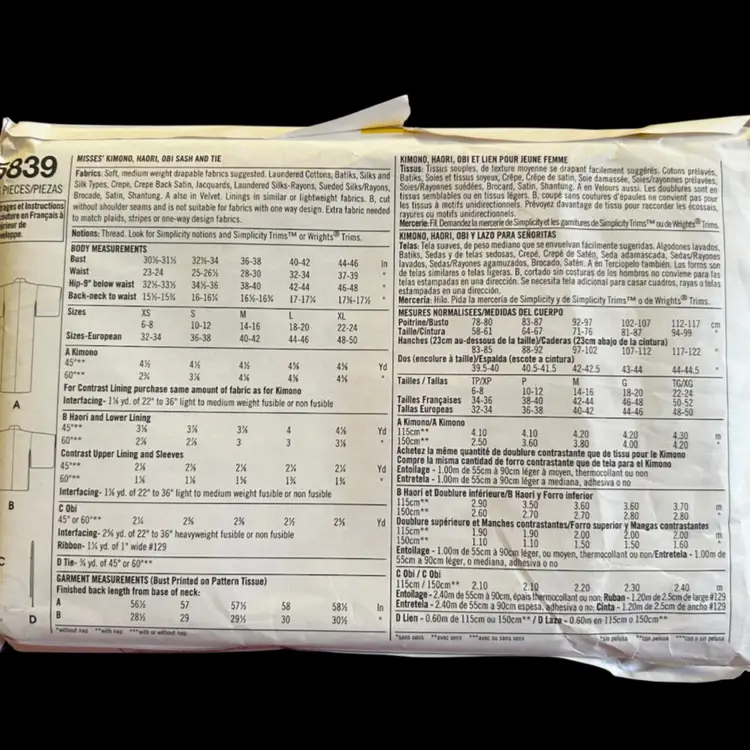 Vtg Simplicity Pattern 5839 Kimono Hoari Obi Sash Tie XS-XL uncut FF