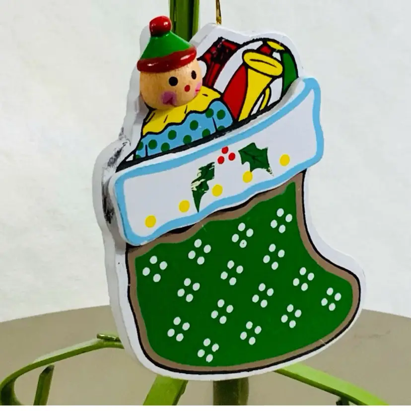 Simple Cute Wooden Boy In A Stocking Christmas Ornament Approximately 4” Tall And 4” Long 