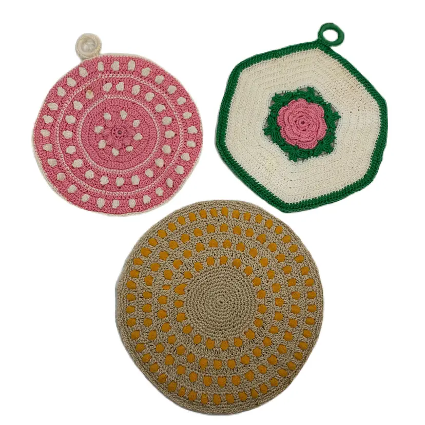 Handmade 3D Rose Pot Holders Hot Pads Trivet Lot 3 Vintage Mid Century 1950s