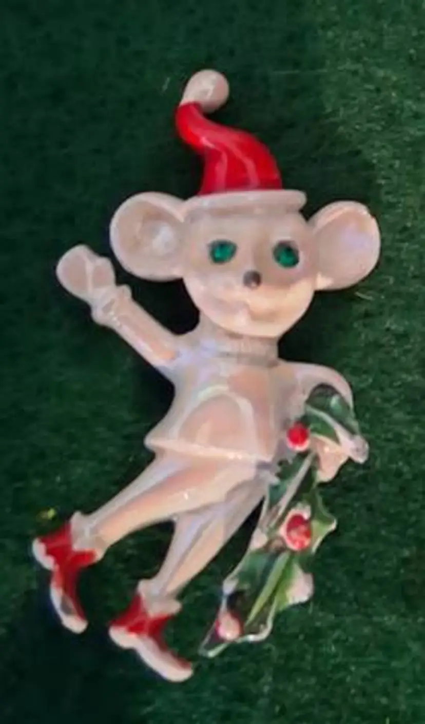 Vintage Enameled Christmas Mouse Brooch/Pin. Large Version