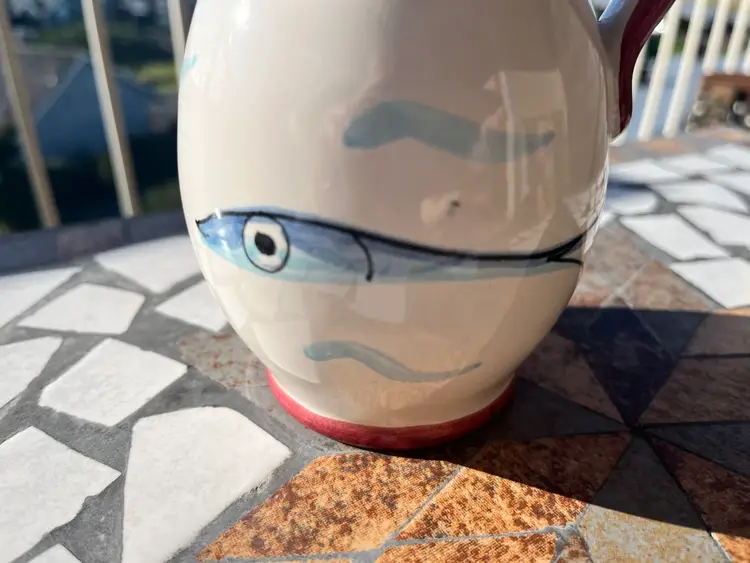 Vintage Made in Italy oil bottle with sardines as decoration. Missing cork/ Spout