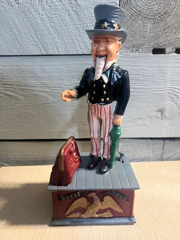 Vintage Uncle Sam Cast Iron Mechanical Coin Piggy Bank with plug Working