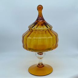 #0403 Amber Empoli ribbed glass candy dish with Circus Tent lid on pedestal 13” x 7”