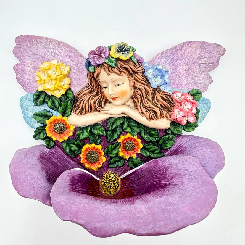 #01 - Vintage Fairy Floral Wall Hanging Bird Feeder Resin Multicolor 5" H x 7" W