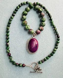 Handcrafted Ruby Zoisite & Sterling Bead Necklace 21” Artisan