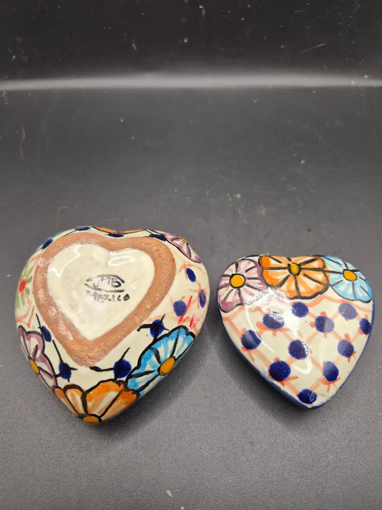 Hand-Painted Ceramic Heart Trinket Box From Mexico With Colorful Floral Design