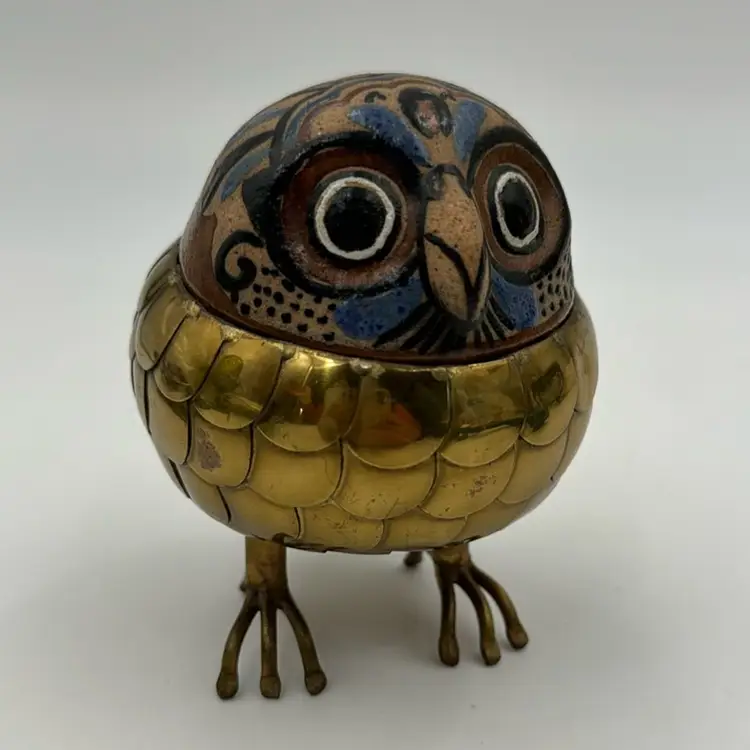 #01 Vintage Brass Ceramic Owl. Alexander Blazquez Mid Century Mexican & Pottery Owl