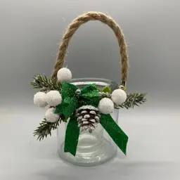 Festive Pinecone and Green Bow Glass Hanging Candle Holder Luminary 3.5"