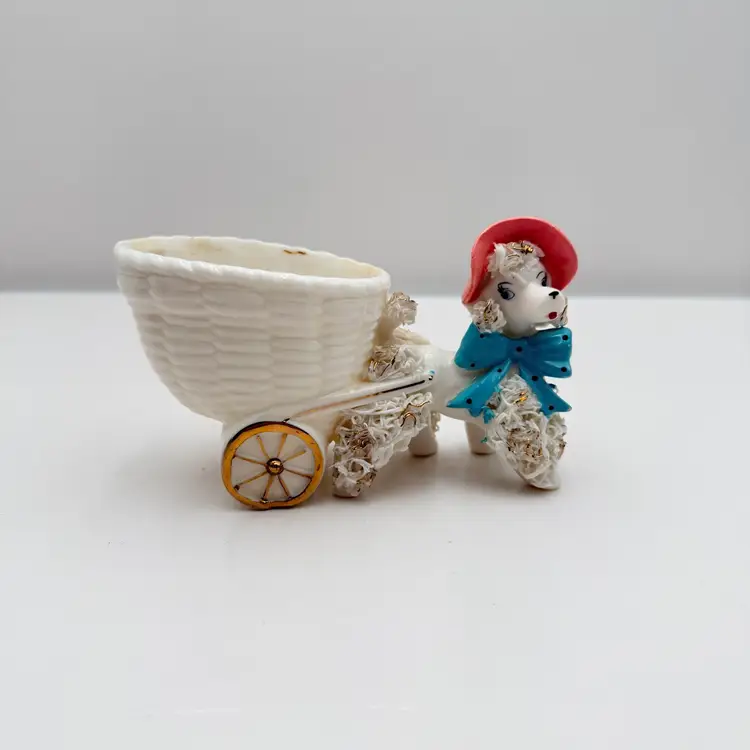 Norcrest Vintage White With Pink Hat Spaghetti Poodle With Cart Planter