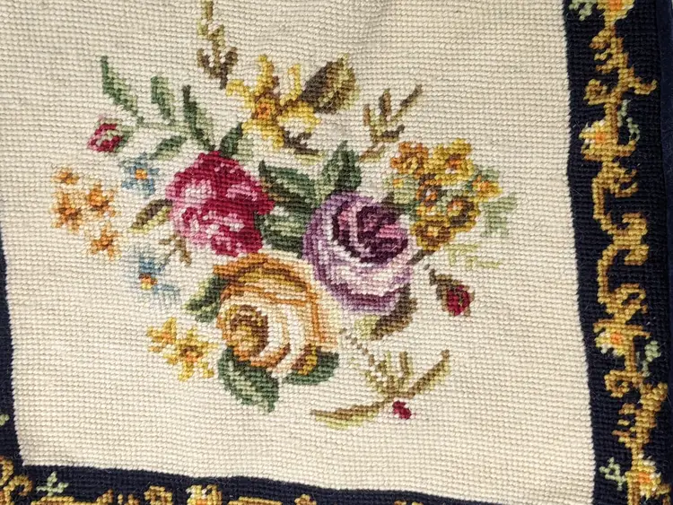 Vintage Needlepoint Navy Blue Gold  Beige Rose Bouquet Pillow Removable Zipper Cover Velvet Back 13"X 13" Cottagecore Home Decor