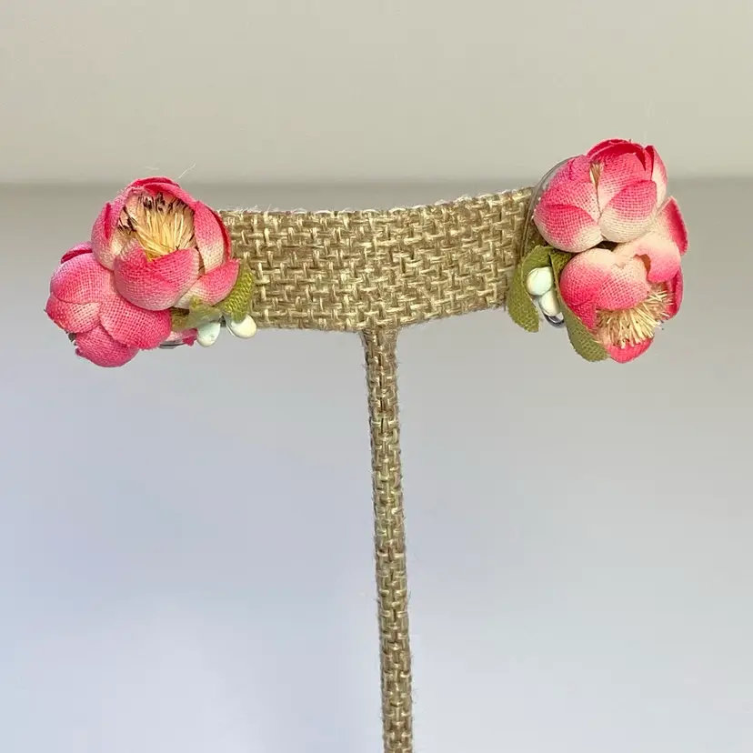 Vintage Lightweight Handmade Fabric Faux Flower Pink Cream Magnolia Peony Screw Back Earring