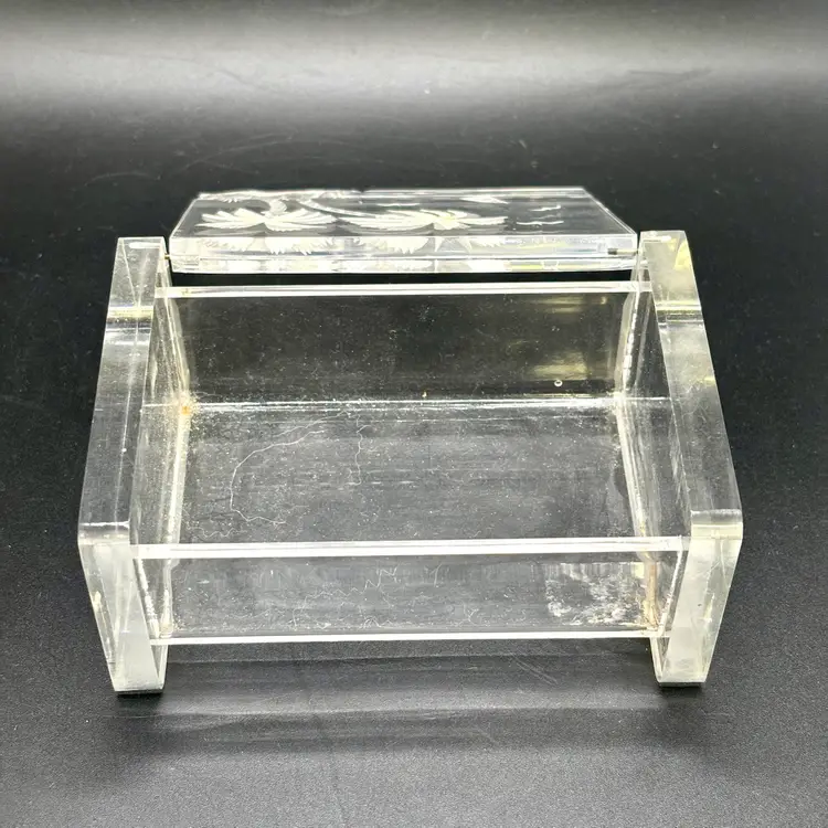 Reverse Etched Lucite Palm Tree Nautical Clear Trinket Box 2”x4.5”