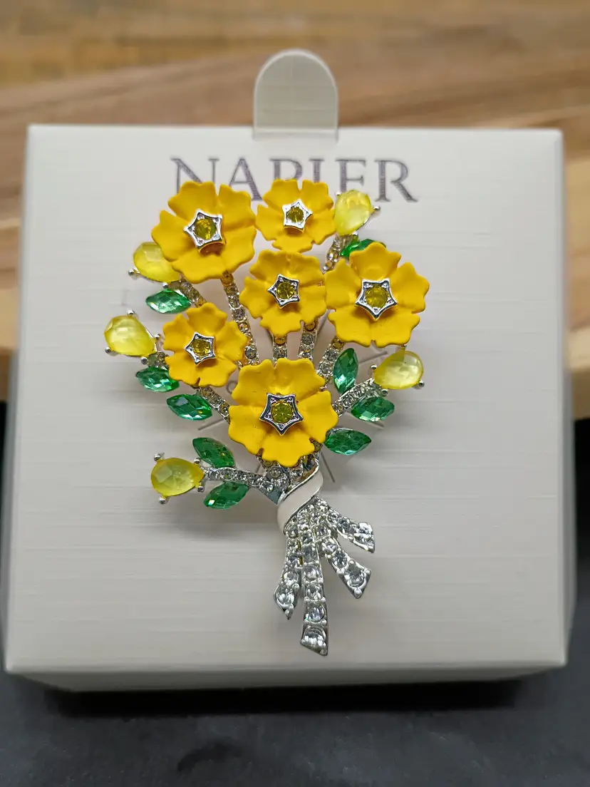 Napier Silvertone Enameled Rhinestone Floral Bouquet Brooch NEW Old Stock