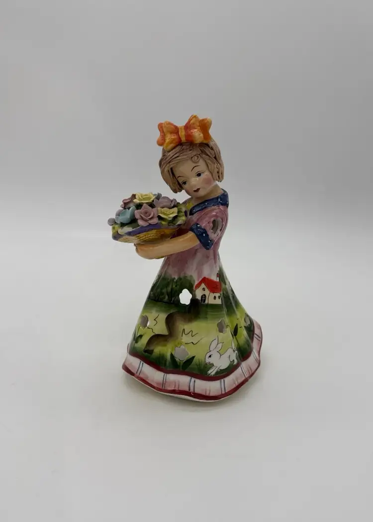 Cottagecore Tealight Candle Holder Girl With Spaghetti Hair & Flower Basket Vtg.