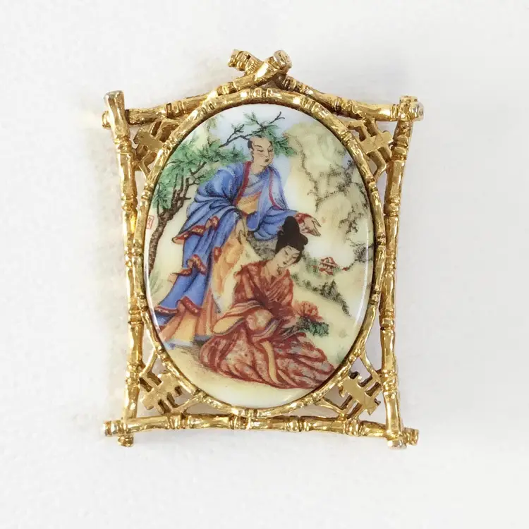 Vintage Art Arthur Pepper Asian Geisha Cameo Porcelain Gold Tone Bamboo Brooch